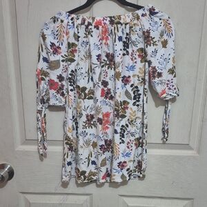 Fig White Off-Shoulder Floral Tie-Sleeve Blouse